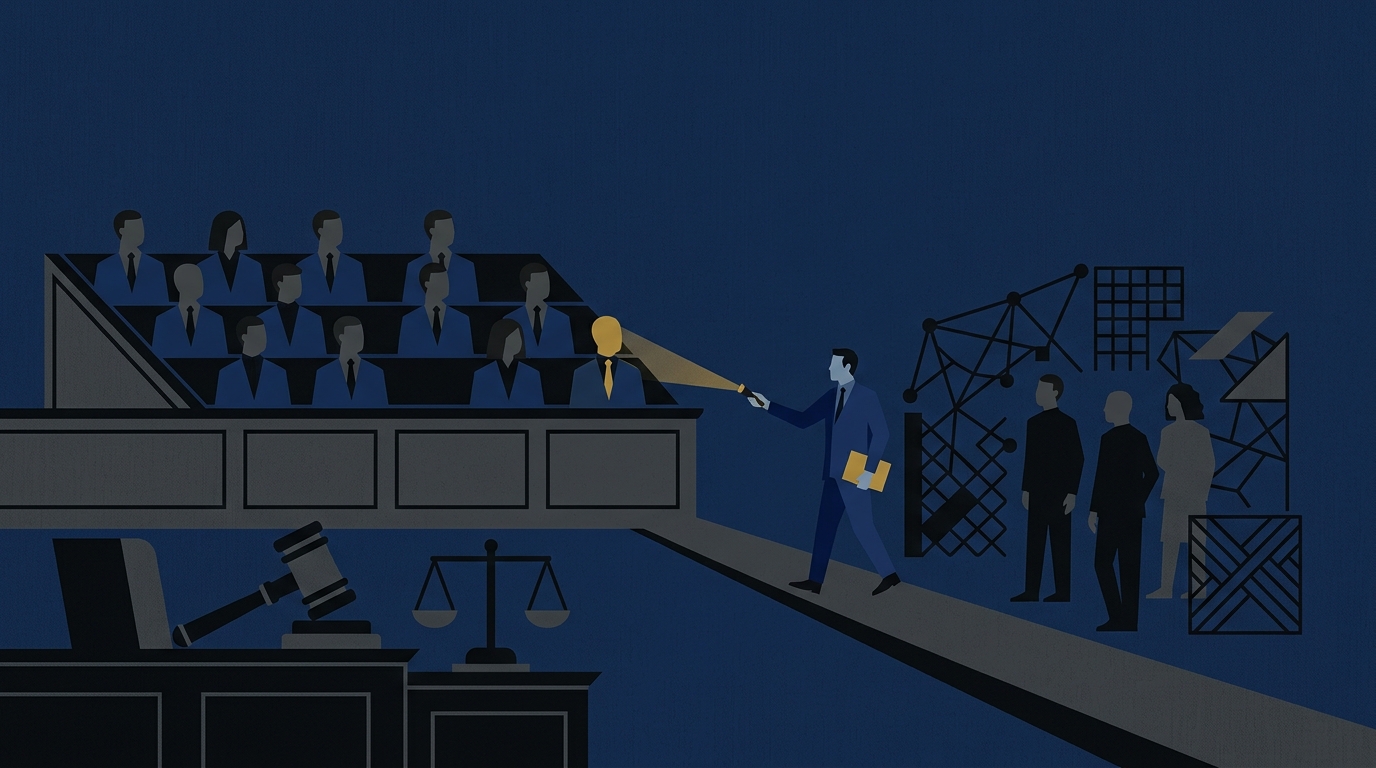 Editorial illustration for the article: White-Collar Crime Juries: Selection Challenges for Federal Prosecutors